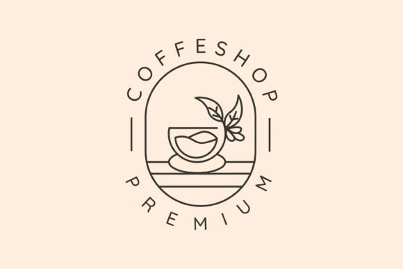 Coffee Cup with Leaf & Bean Line Art: Logos & Graphics